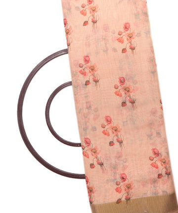 peach digital floral printed zari border doria linen fabric 1